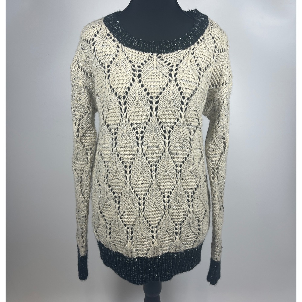 POL Clothing Cream Black Diamond Open Knit Speckled W/B  Sweater Womens Sz S